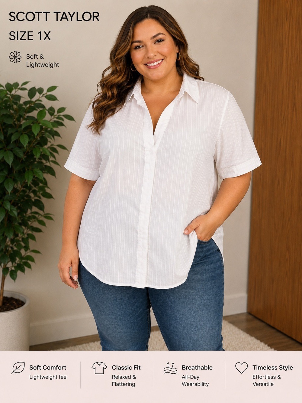 Scott Taylor 1X White Textured Button Front Blouse Short Sleeve Career Office